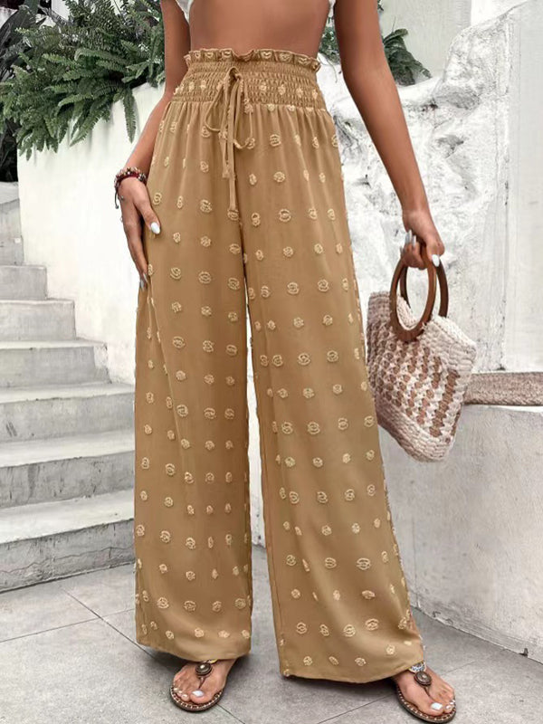 Pantalon taille haute ample avec cordon de serrage élastique en jacquard de couleur unie 