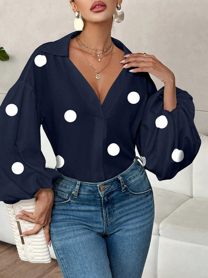 Long Sleeves Loose Contrast Color Pleated Polka Dot Split-Joint Lapel Blouses&Shirts Tops