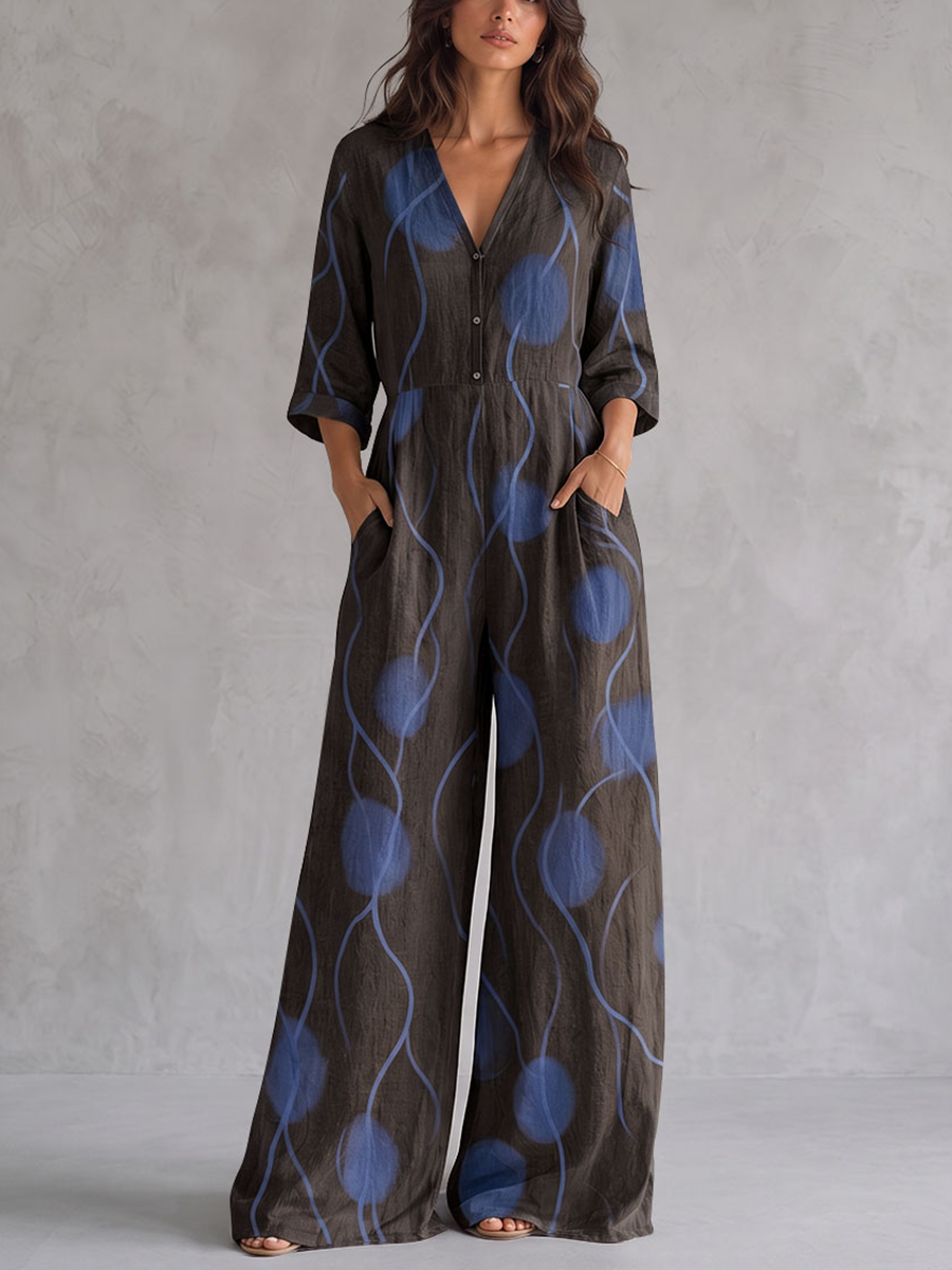 Wave Print Pockets Elasticity Contrast Color Buttoned Wide Leg Three-quarter Sleeves V-neck Jumpsuits