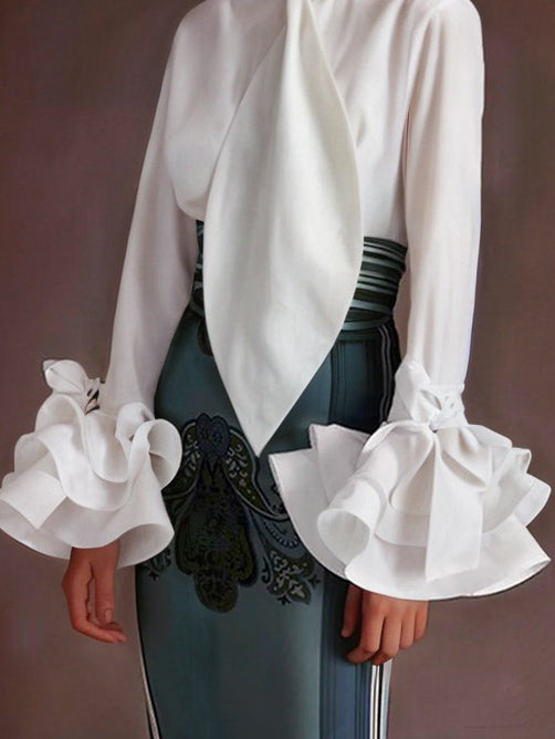 Flared Sleeves Long Sleeves Buttoned Falbala Solid Color Stand Collar Blouses&Shirts Tops