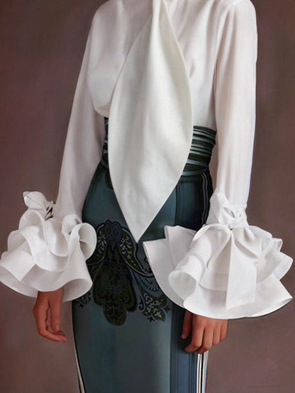 Flared Sleeves Long Sleeves Buttoned Falbala Solid Color Stand Collar Blouses&Shirts Tops