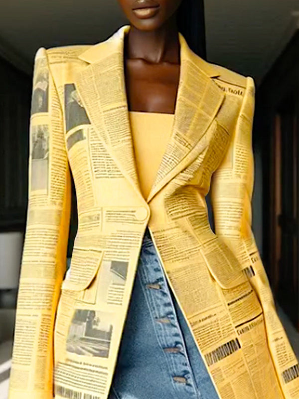 Long Sleeves Newspaper Print Split-Joint Lapel Blazer Suits