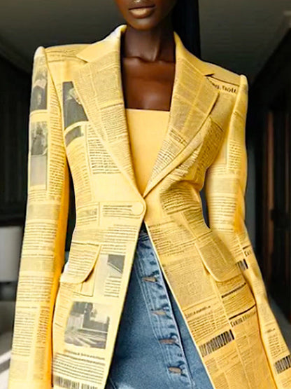 Long Sleeves Newspaper Print Split-Joint Lapel Blazer Suits
