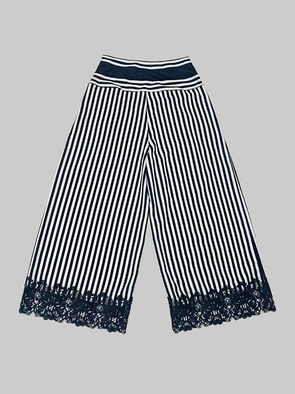 Loose Wide Leg Contrast Color Pockets Split-Joint Striped Pants Trousers