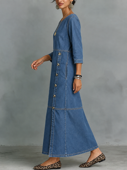 Split-side Pockets Buttoned Long Sleeves A-line Round-neck Maxi Dresses
