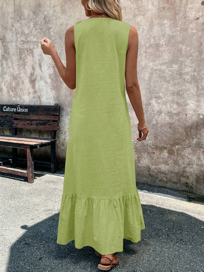 A-Line Loose Pleated Ruffle Trim Solid Color V-Neck Maxi Dresses