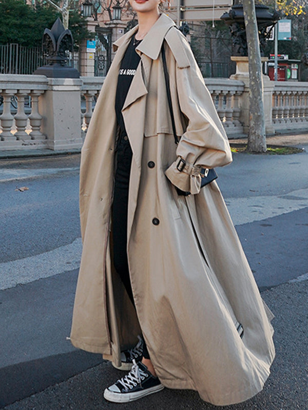 Long Sleeves Loose Buckle Buttoned Split-Back Tied Waist Lapel Outerwear Trench Coats