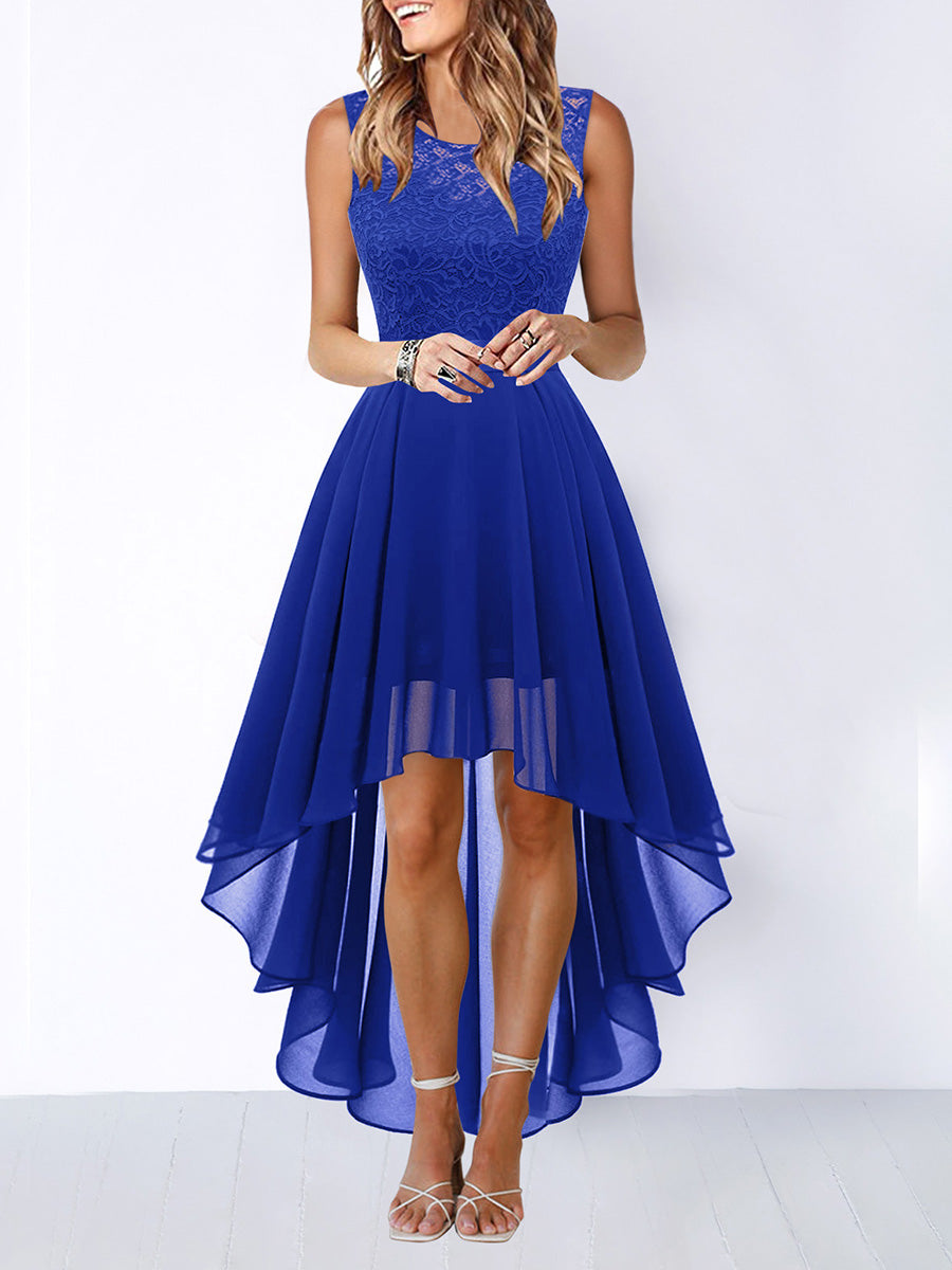 A-Line High Waisted Pleated See-Through Split-Joint Tied Waist Round-Neck Maxi Dresses