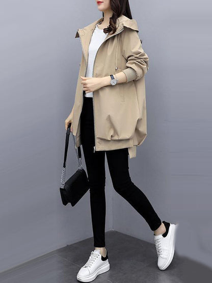 Casual Loose 4 Colors Pleated Zipper Hooded Long Sleeves Outwear