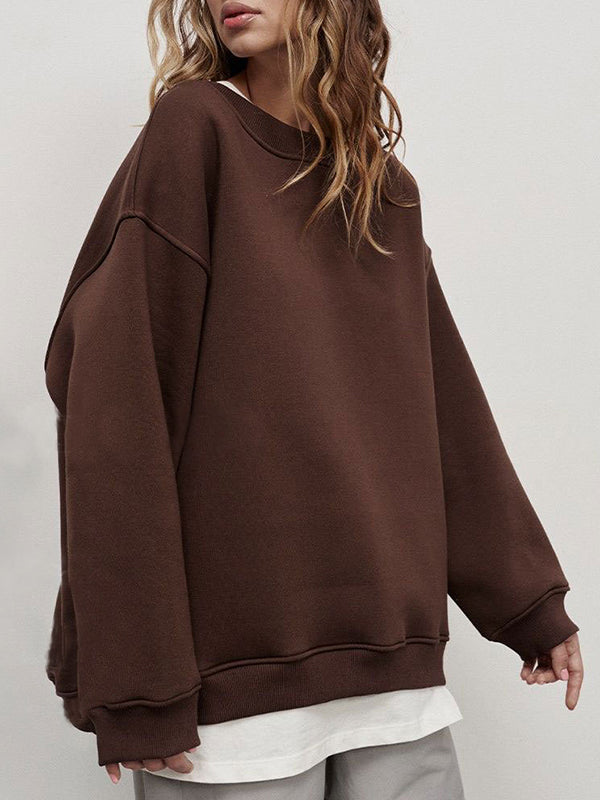 Long Sleeves Loose Solid Color Round-Neck Sweatshirt Tops COFFEE