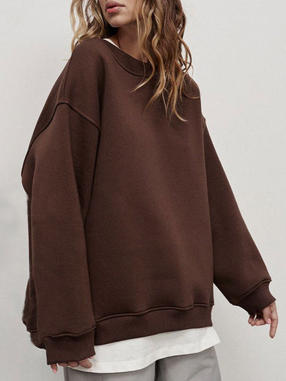 Long Sleeves Loose Solid Color Round-Neck Sweatshirt Tops COFFEE