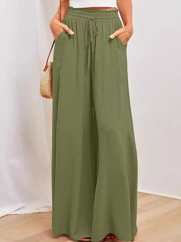 High Waisted Loose Drawstring Elasticity Pockets Solid Color Pants Trousers ARMY GREEN