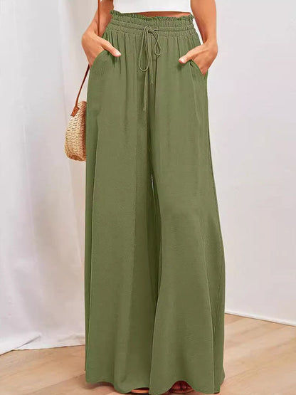 High Waisted Loose Drawstring Elasticity Pockets Solid Color Pants Trousers ARMY GREEN