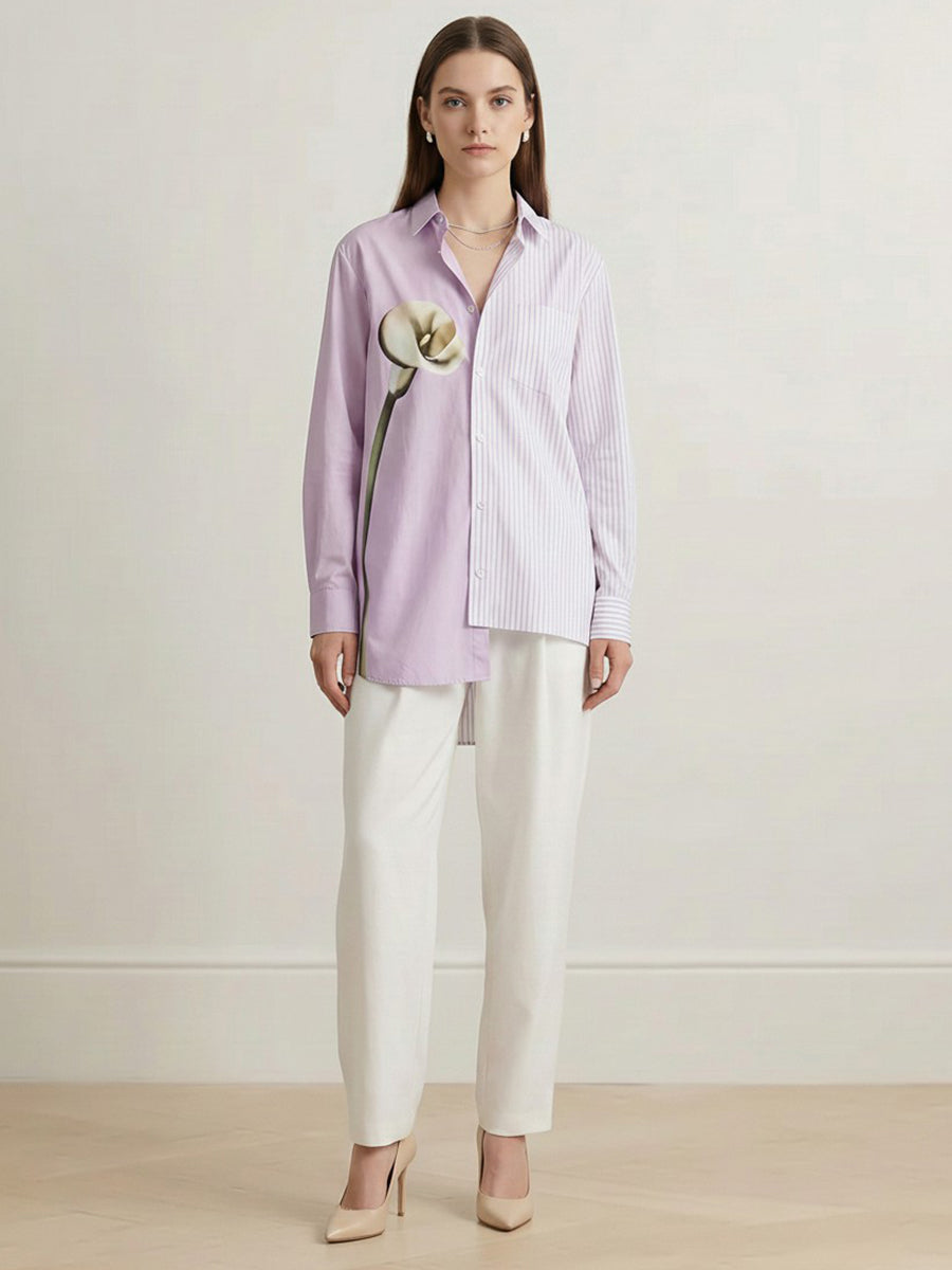 Irregularity Long Sleeves Asymmetric Buttoned Contrast Color Flower Print Split-Joint Striped Lapel Blouses&Shirts Tops