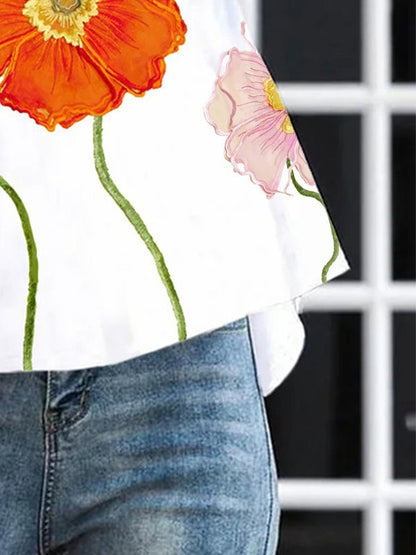 High-low Loose Flower Print Split-Joint Stand Collar T-Shirts Tops