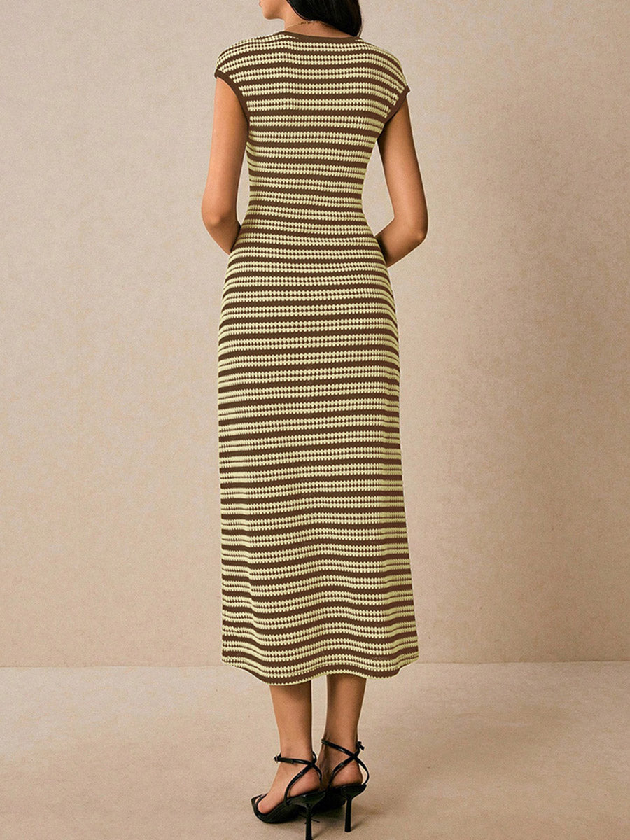 Sleeveless Contrast Color Split-Joint Striped Round-Neck Midi Dresses