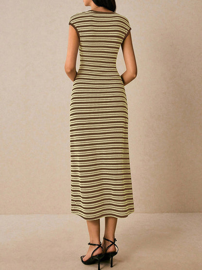 Sleeveless Contrast Color Split-Joint Striped Round-Neck Midi Dresses