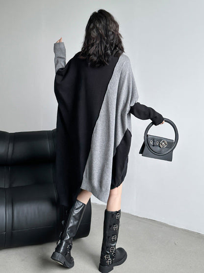 Batwing Sleeves Hipster Asymmetric Contrast Color Split-Joint High-Neck Midi Dresses Sweater Dresses