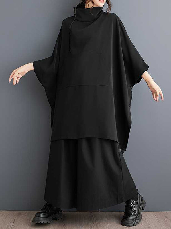 Batwing Sleeves Loose Buttoned Pockets Solid Color Zipper Mock Neck Sweatshirt Tops