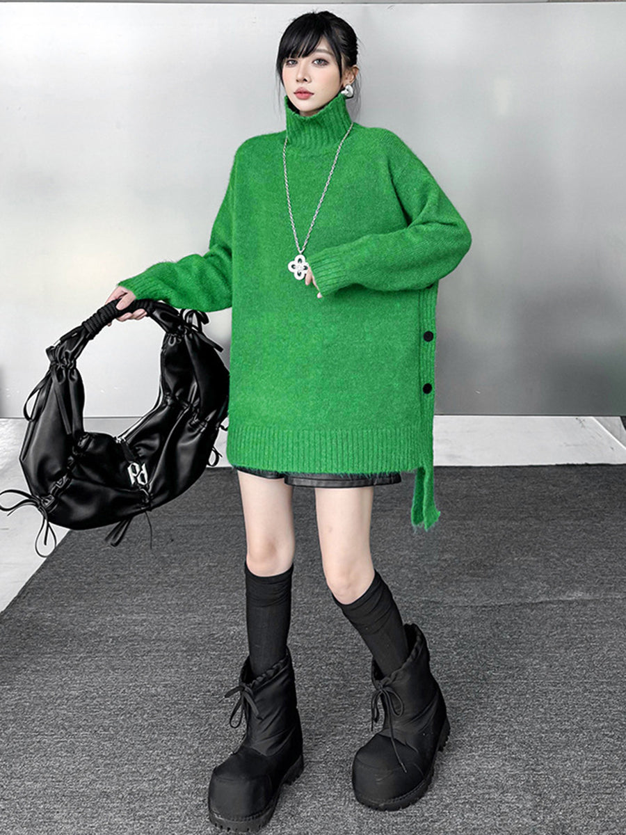 Irregularity Long Sleeves Buttoned Ribs Solid Color Split-Joint High Neck Sweater Tops