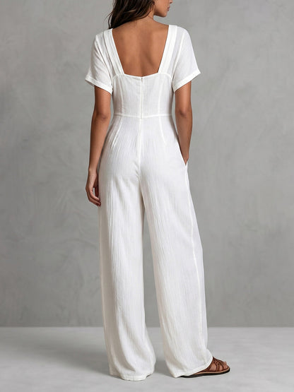 High Waisted Short Sleeves Backless Pleated Pockets Solid Color Zipper Square-Neck Jumpsuits