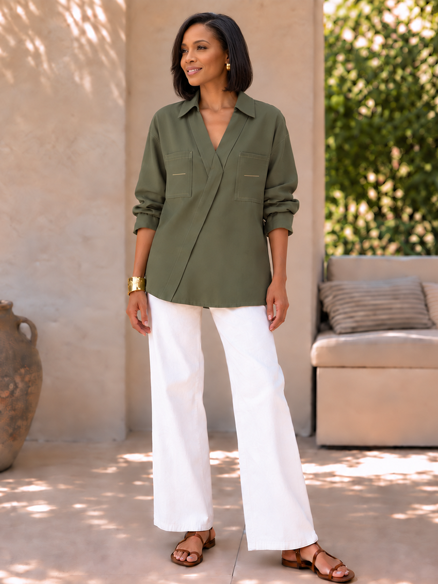 Split-Joint Pockets Contrast Color Asymmetric Three-quarter Sleeves V-neck Blouses&shirts Tops