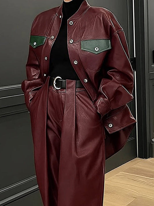 Long Sleeves Loose Buttoned Pockets Solid Color Round-Neck Jackets Outerwear