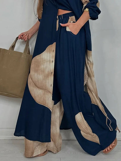 High Waisted Wide Leg Drawstring Elasticity Floral Printed Split-Joint Pants Trousers