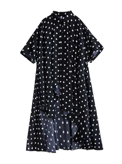 A-Line High-Low Asymmetric Buttoned Polka-Dot Lapel Midi Dresses Shirt Dress