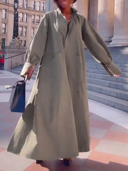 Long Sleeves Loose Solid Color Split-Joint Split-Side Lapel Maxi Dresses Shirt Dress