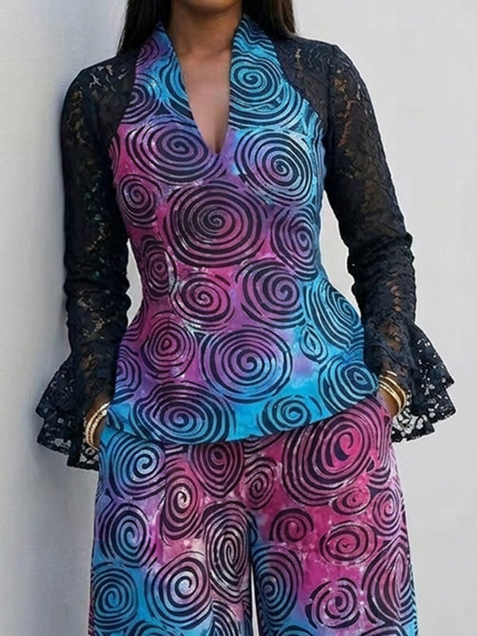 Flared Sleeves Long Sleeves Contrast Color Printed See-Through Split-Joint V-Neck Blouses&Shirts Tops