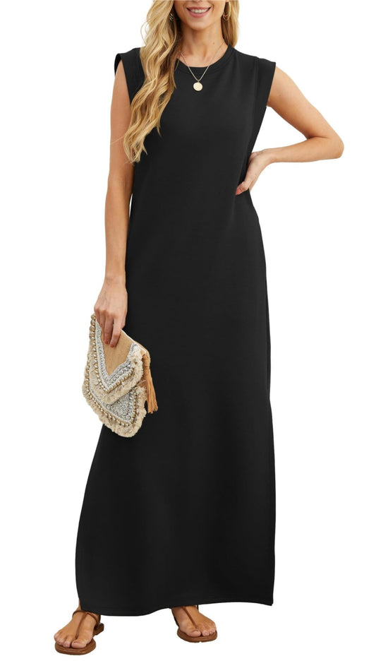 Women Round Neck Casual Loose Split Wrinkle-Free Long Maxi Beach Dress with Pockets Black S