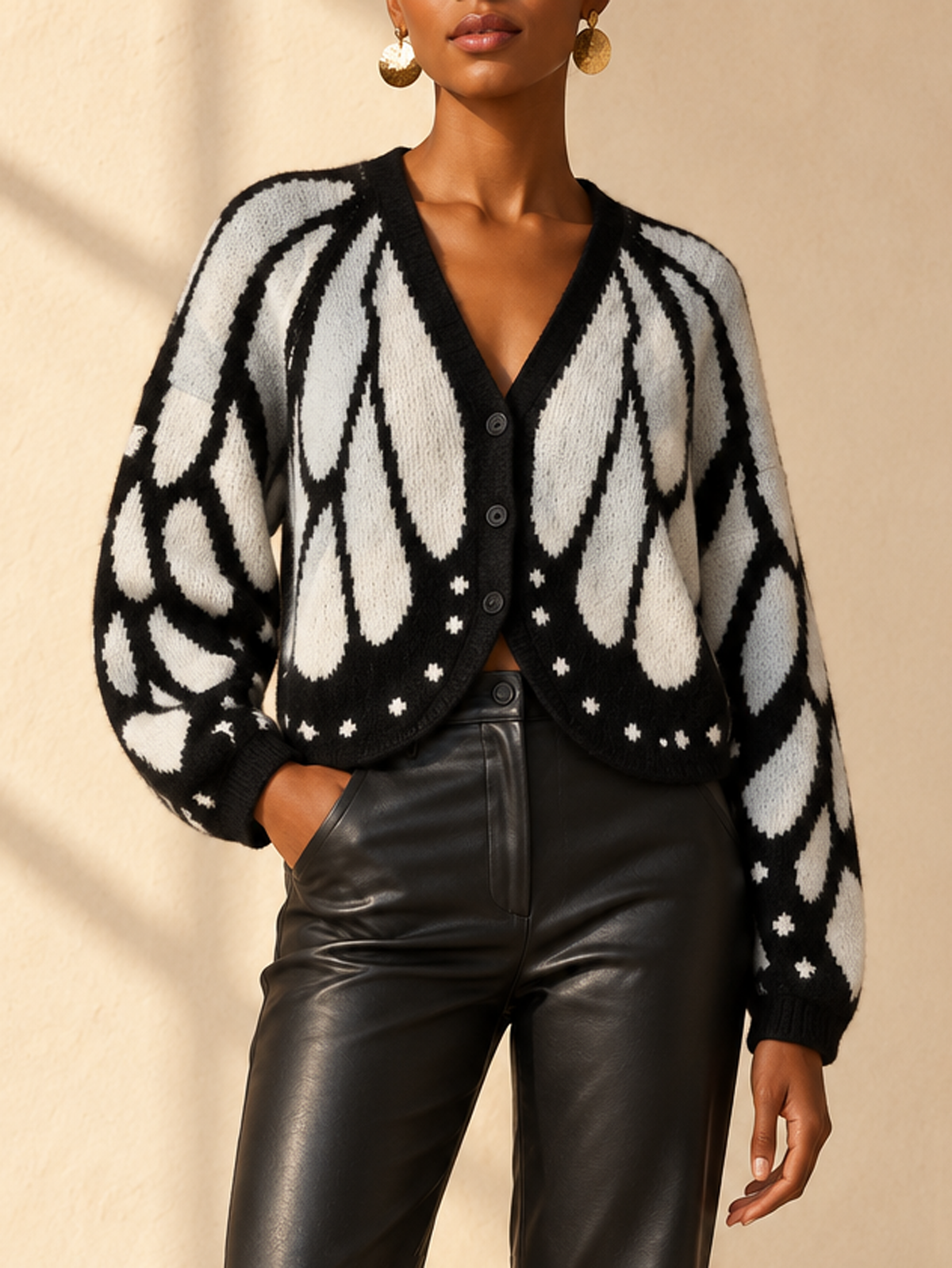 Contrast Color Butterfly Loose Long Sleeves V-neck Cardigan Tops