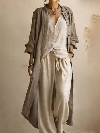 Long Sleeves Loose Buttoned Pockets Solid Color V-Neck Three Pieces Set