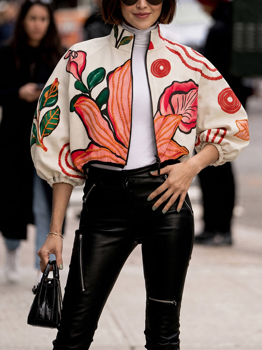 Zipper Leaves Print Flower Print Elasticity Contrast Color Three-quarter Sleeves Puff Sleeves Stand Collar Outerwear Jackets