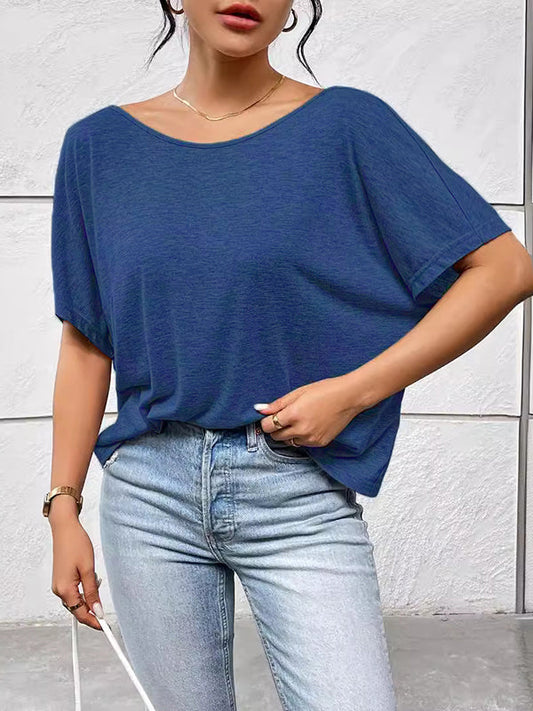 Batwing Sleeves Loose Backless Pleated Solid Color Split-Joint Round-Neck T-Shirts Tops