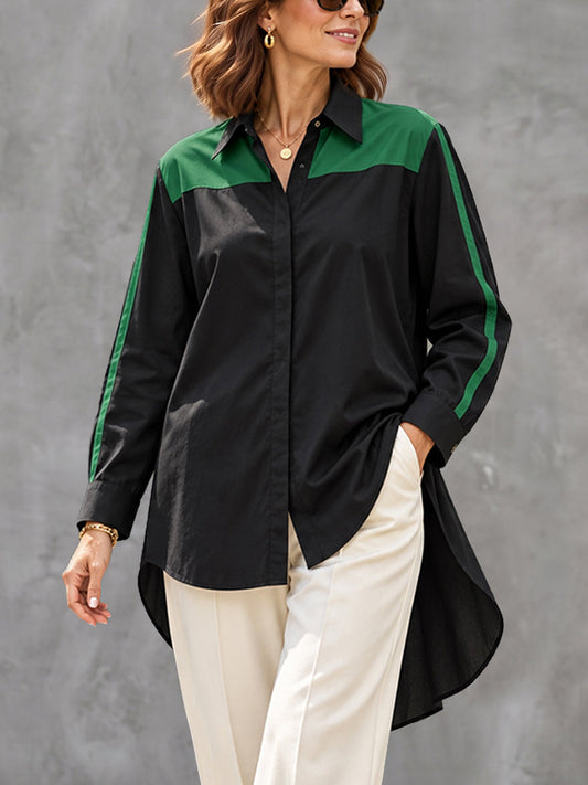 Split-Joint Contrast Color Buttoned Loose Long Sleeves Lapel Blouses&shirts Tops