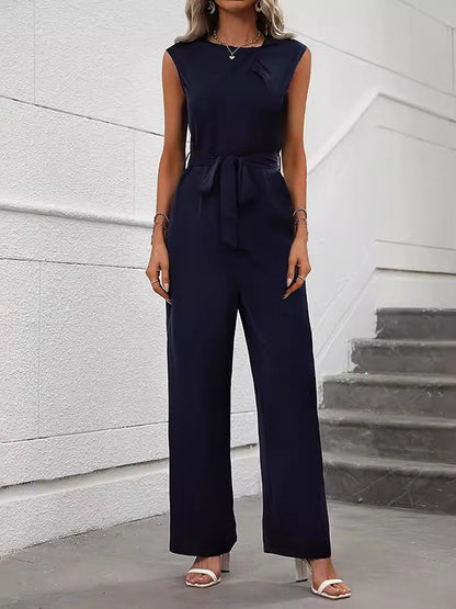 Loose Sleeveless Solid Color Split-Joint Tied Waist Round-Neck Jumpsuits