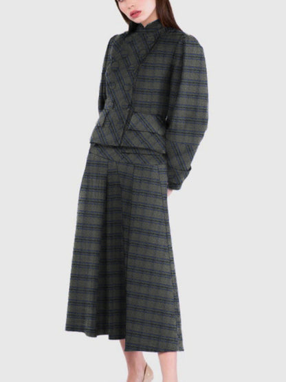 A-Line Long Sleeves Buttoned Plaid Split-Joint Stand Collar Sets Two-Piece Sets