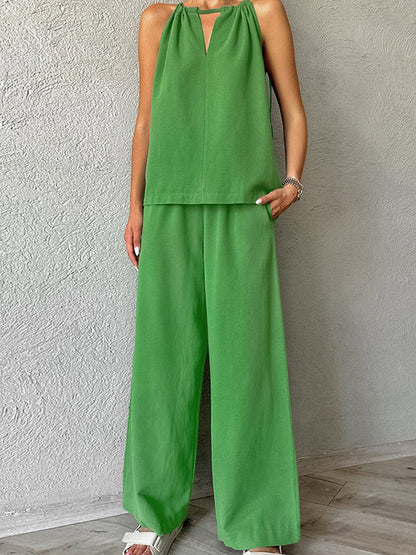 Loose Hollow Split-Joint Halter-Neck Vest + Elasticity High Waisted Pants Trousers Two Pieces Set