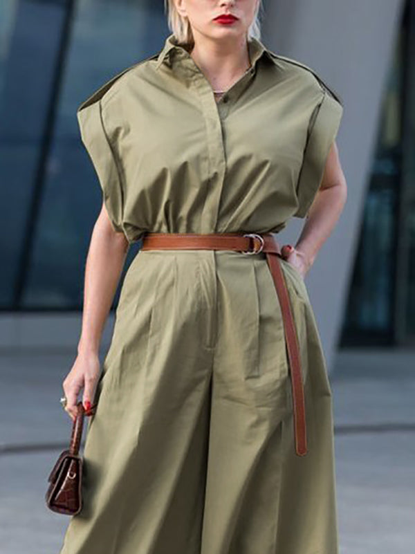 High Waisted Loose Belted Buttoned Pockets Solid Color Lapel Jumpsuits