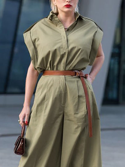 High Waisted Loose Belted Buttoned Pockets Solid Color Lapel Jumpsuits