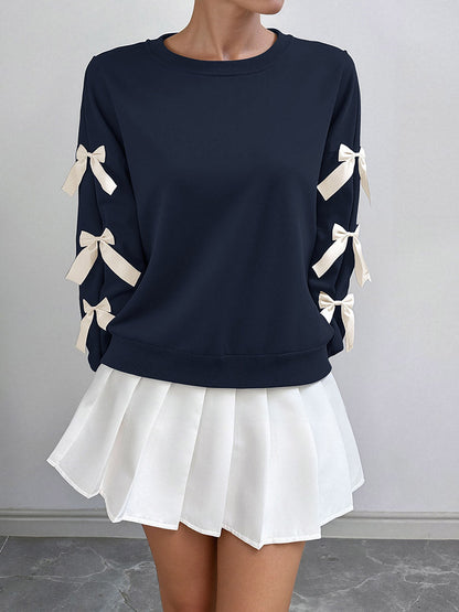 Split-Joint Contrast Color Bow-Embellished Loose Long Sleeves Round-Neck Sweatshirt Tops