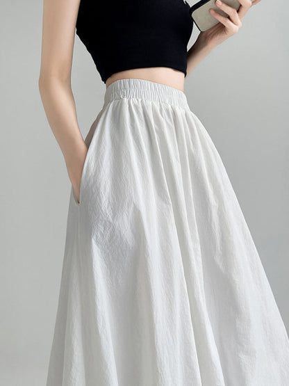 A-Line Loose Elasticity Pleated Pockets Solid Color Skirts Bottoms