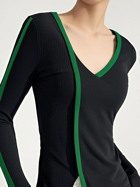 Long Sleeves Contrast Color Split-Front V-Neck Sweater Tops