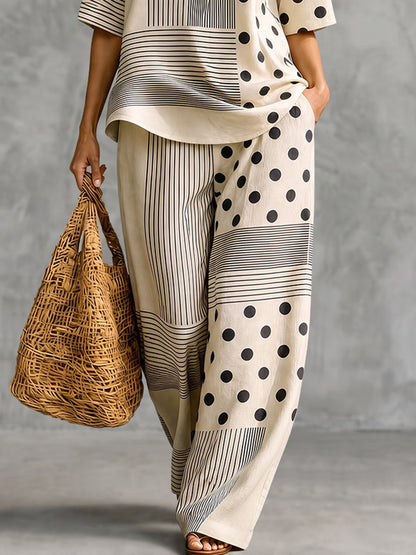 Striped Polka-Dot Pockets Wide Leg Loose Trousers Pants