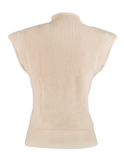 Casual Cap Sleeve Solid Color High-Neck Sweater Tops Pullovers