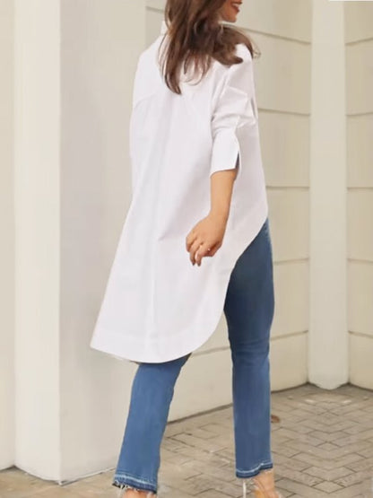 High-Low Long Sleeves Buttoned Pockets Solid Color Split-Joint Lapel Blouses&Shirts Tops
