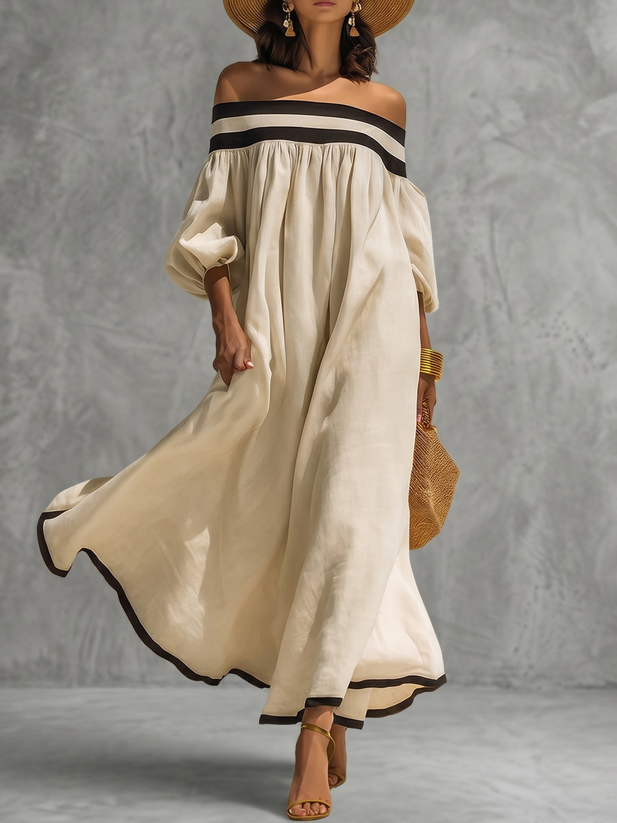 Loose Puff Sleeves Contrast Color Elasticity Pleated Off-The-Shoulder Maxi Dresses