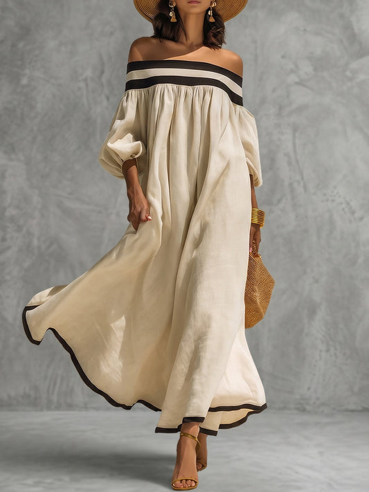 Loose Puff Sleeves Contrast Color Elasticity Pleated Off-The-Shoulder Maxi Dresses